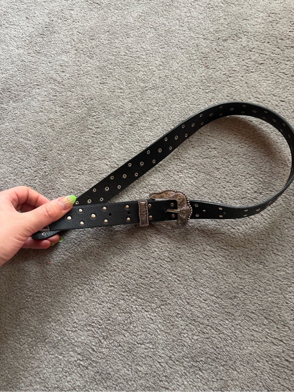 Black Studded Western-Style Leather Belt with Silver Buckle - Picture 4 of 5